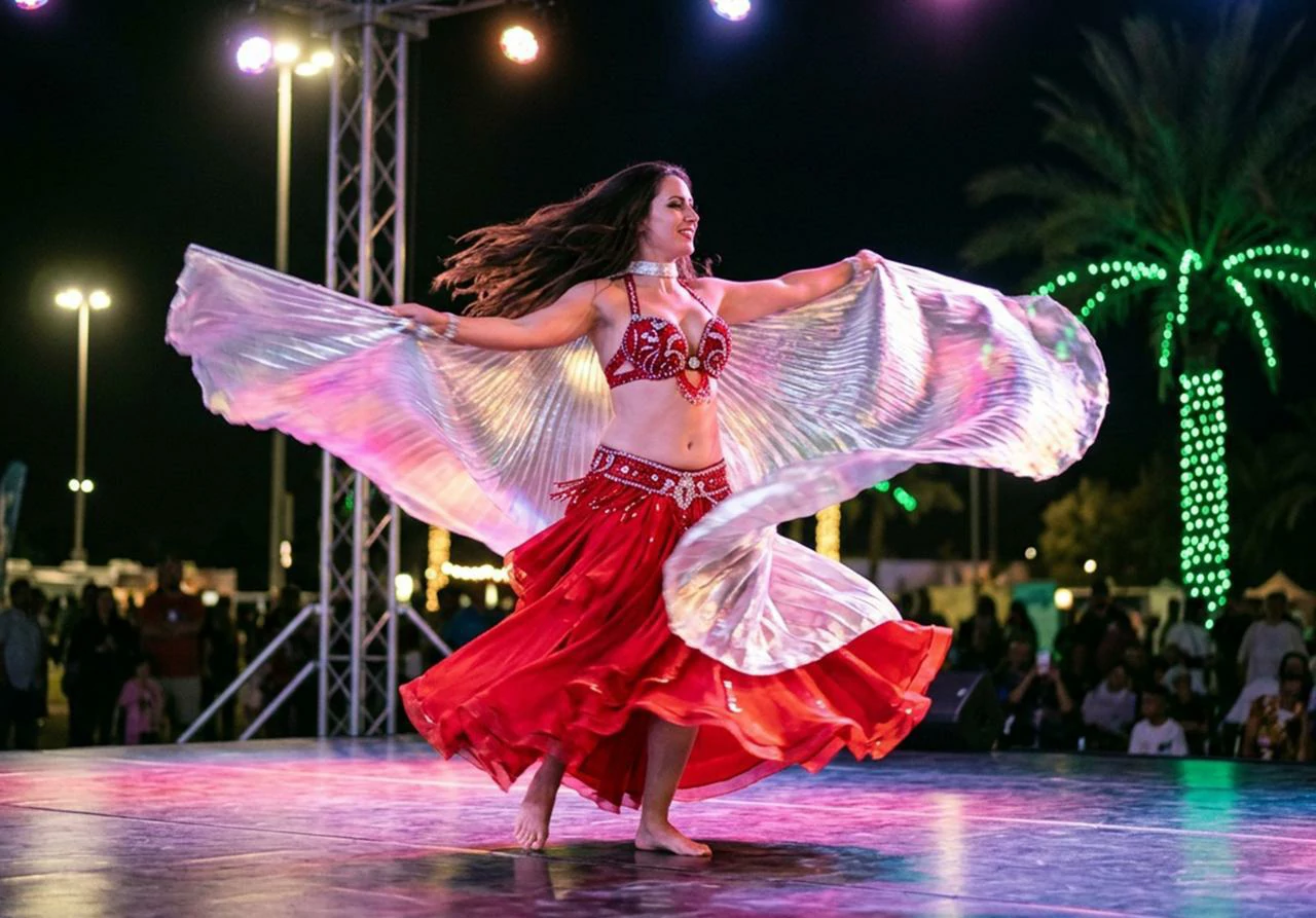 A professional dancer performing a live belly dance show Dubai at the Desert Safaris Dubai camp.