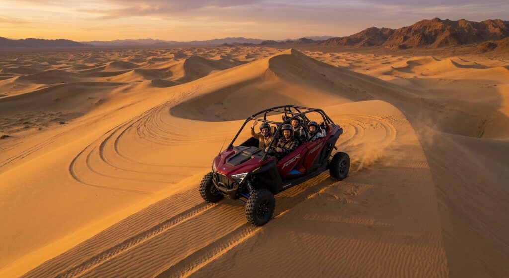 A powerful caravan of high-end 1000cc Polaris RZR 4x4 dune buggies kicking up dust and sand as a group races across massive, remote red sand dunes in the deep Dubai desert under a bright sunset sky