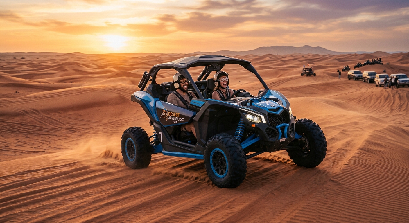 An excited couple laughing while driving a blue 2-seater dune buggy through the vast red sand dunes of Dubai during sunset, kicking up sand